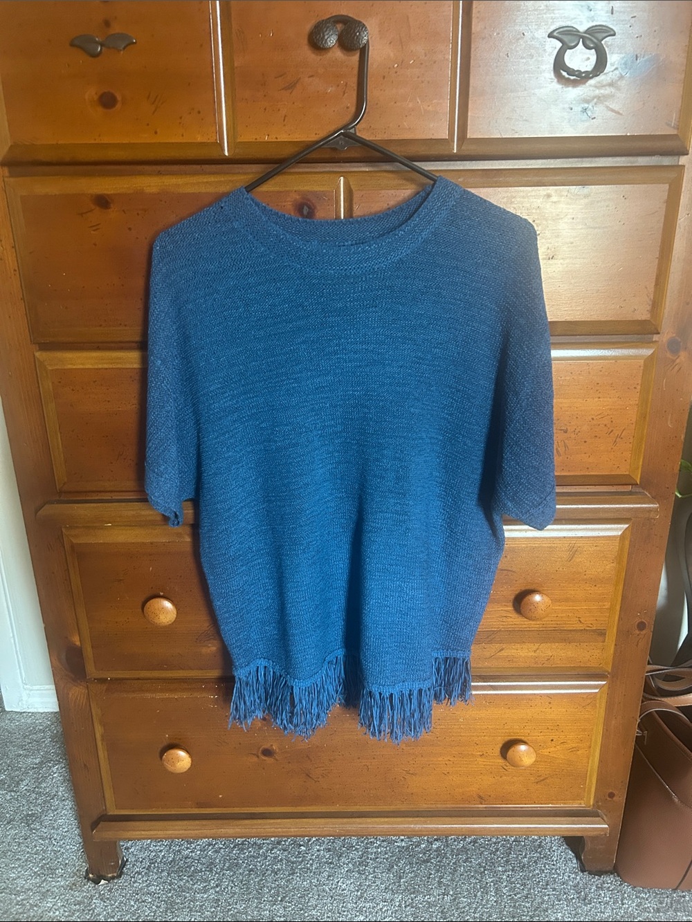 Chico’s Blue Short-Sleeve Fringe Hem Sweater